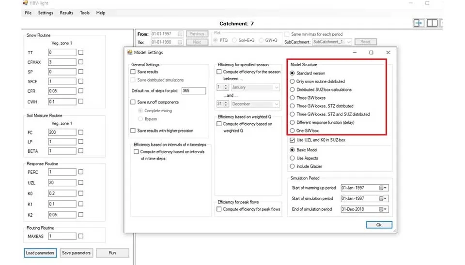 Screenshot of the HBV-light software interface displaying a list of available model structures, including Standard Version, Only Snow Routine Distributed, Distributed SUZ-box Calculations, and more.