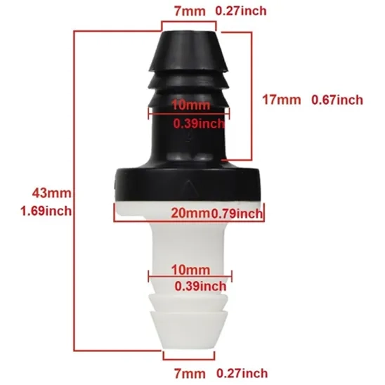 Dimensions of the BBTUS 10mm Barbed One Way Check Valve.