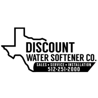 Discount Water Softener Co. black and white logo featuring a bold sans-serif font nested within the geographic outline of Texas