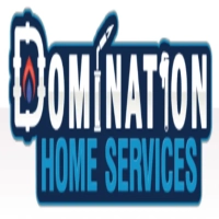 Domination Home Services logo featuring a white block wordmark with integrated pipe, flame, torch, and pipe wrench graphics, stacked above sky blue "HOME SERVICES" text