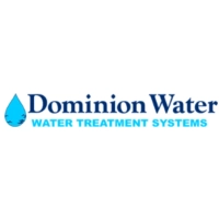 Dominion Water logo featuring a light blue water droplet icon next to the title-case text "Dominion Water" in navy blue above the bright blue uppercase words "WATER TREATMENT SYSTEMS" on a white background