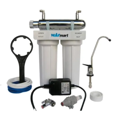 AquaCorp undersink UV system featuring sediment filtration, carbon block, and UV disinfection