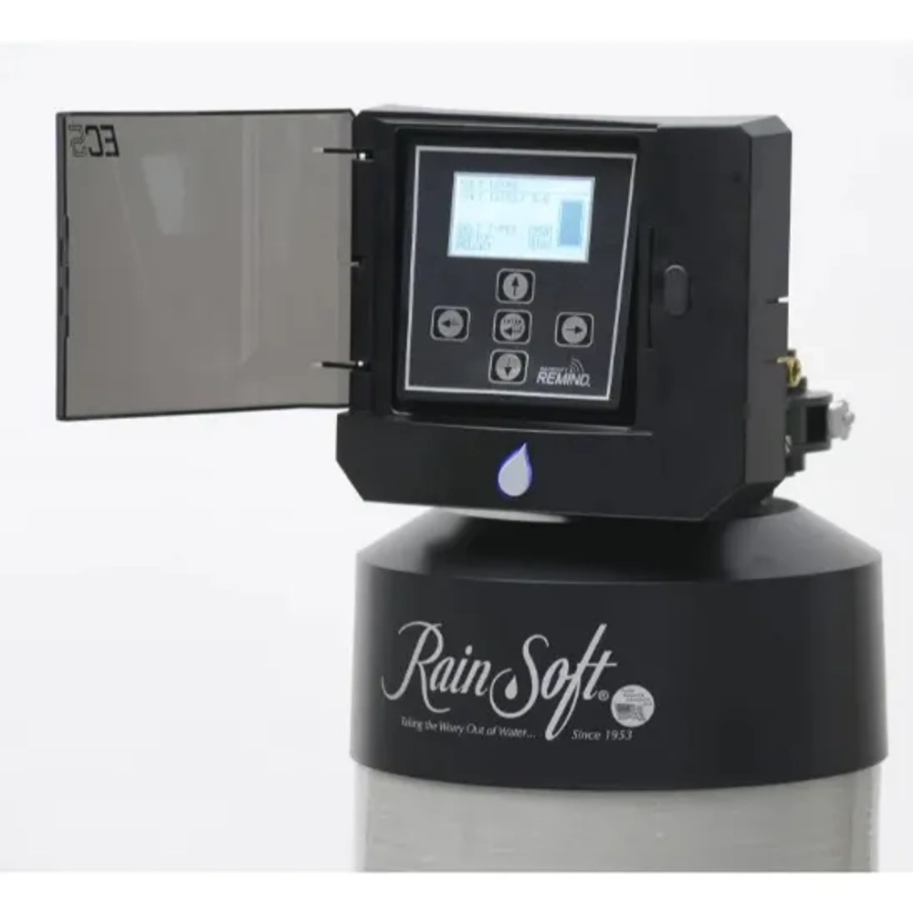 RainSoft EC5 water softener system with 'RainSoft' logo on the black tank cap and control panel.
