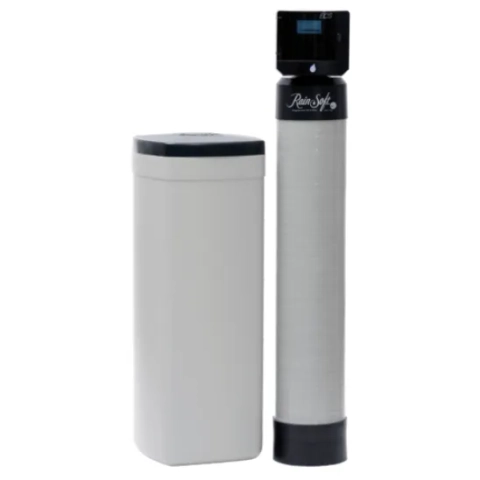 Grey brine tank and tall resin tank of the RainSoft EC5 whole-house water softening unit.