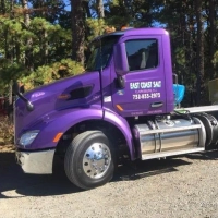 East Coast Salt purple truck promoting salt delivery services in Clarksburg, New Jersey, for water treatment.
