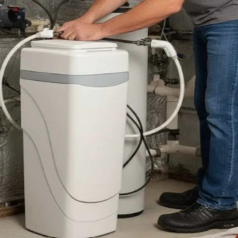 Easterday Wilson Water Softener.jpg showcasing a professional technician plumbing an all-in-one cabinet-style residential water softener tank
