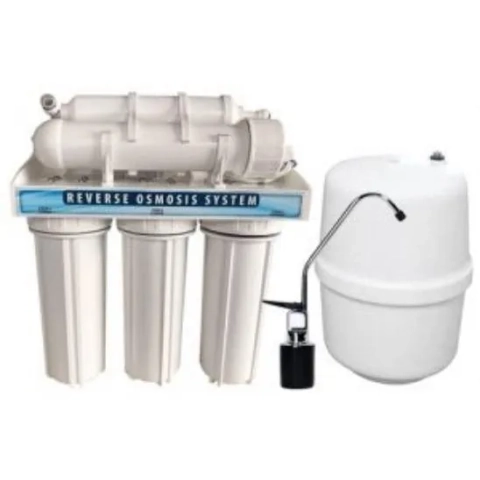 Eastern Water Conditioning RO System: filtration unit on a stand, white storage tank, and drinking faucet.