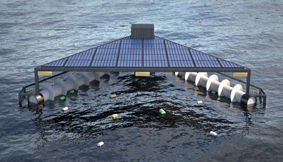 Image of DeltaSea system collecting marine debris. Highlights recycled plastic construction and solar/wave power.