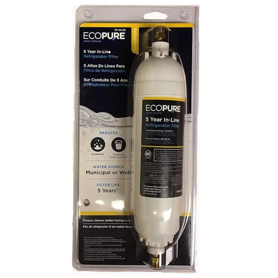 Box of EcoPure EPINL refrigerator inline water filter includes Push-to-Connect and 1/4" Compression Fittings. 