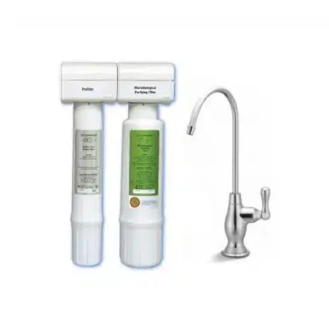 EcoWater EPS 1000 microbiological drinking water system with dual filters and chrome faucet.