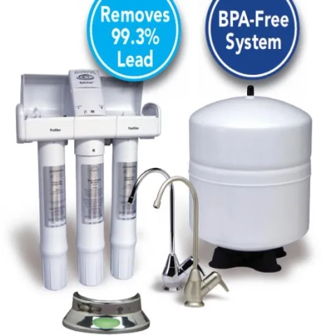 Ecowater Hero 375 RO under-sink water filter kit featuring three cartridges, two faucets, and a white pressure tank.