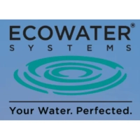 EcoWater Systems logo featuring dark charcoal stacked typography above a teal swirling water ripple emblem and tagline on a solid slate-blue background