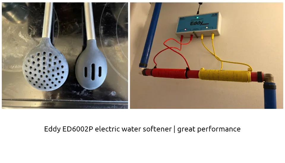 Eddy ED6002P electric water softener | One of the buyers expressed that after 3 weeks, the dishwasher heating element cleared itself of white calcium build-up