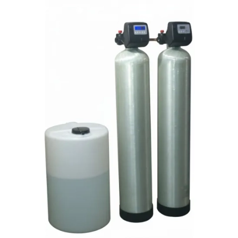Isolated image of the ElectraSoft water conditioner with two filter tanks and large brine container.