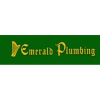 Emerald Plumbing logo featuring a gold Celtic harp icon and decorative Gothic-style gold typography on a deep green background