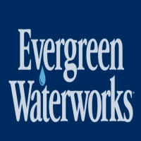 Evergreen Waterworks logo featuring a stacked white serif wordmark with an integrated light-blue water droplet icon hanging from the text, all set against a solid dark navy blue background