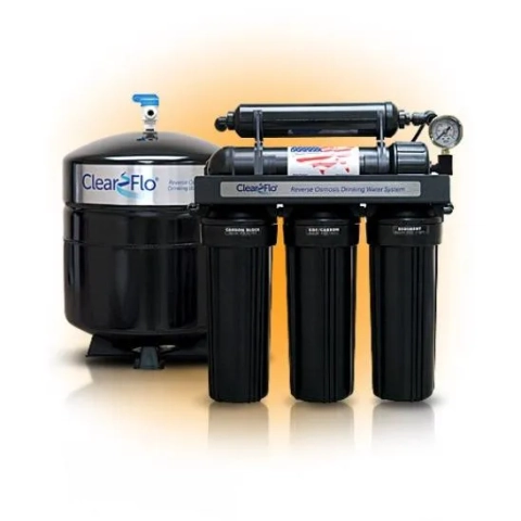 Black Evolve Clear Flo three-stage undersink water filter and pressurized storage tank for clean drinking water