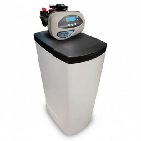 Evolve water treatment system with sleek white cabinet and top-mounted digital display.
