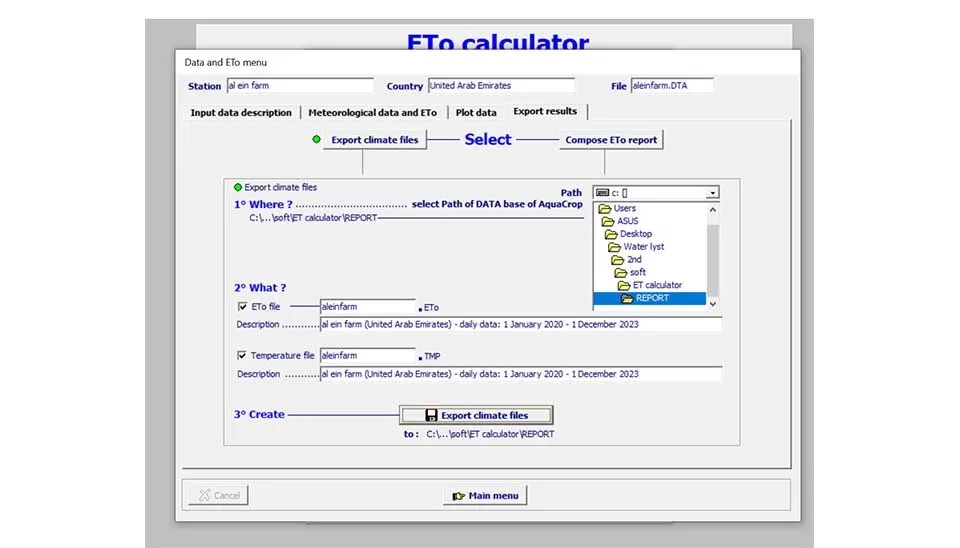 ETo Calculator Export results window: Data and report export options.