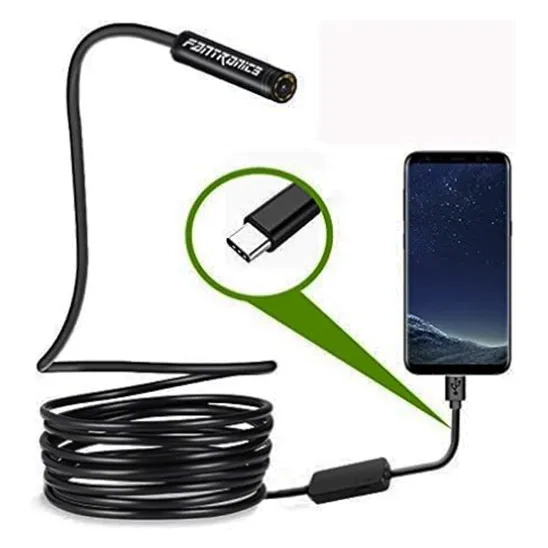 FANTRONICS USB Snake Camera with 8 LED Lights and flexible cable which is connected to smart phone