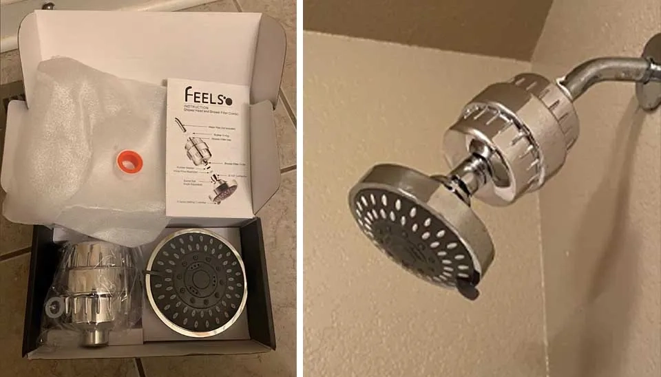 The FEELSO Filtered Showerhead with instructions for easy installation.