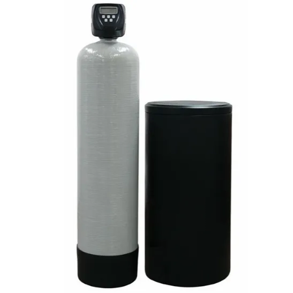 Water softening system unit for hard water treatment showing two main components side-by-side.