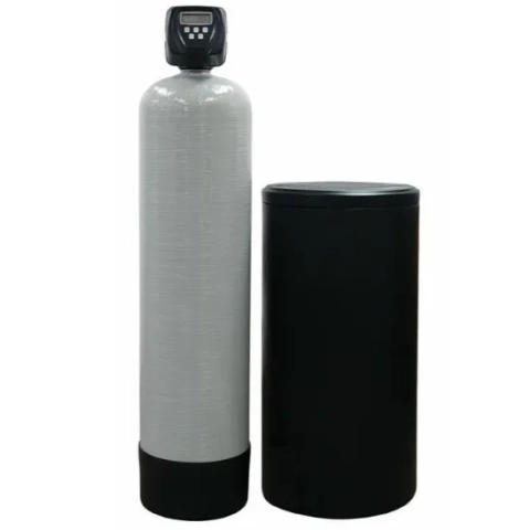 Water softening system unit for hard water treatment showing two main components side-by-side.