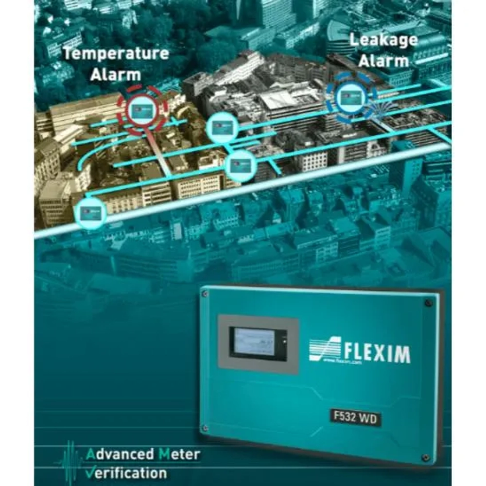 FLUXUS F532 WD flow and temperature meter with IP68 transducers for drinking water network monitoring. (Character Count: 114)
