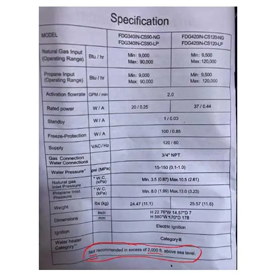 The guideline shows that the FOGATTI Gas Tankless Water Heater is not recommended for places 2000 ft. above sea level.