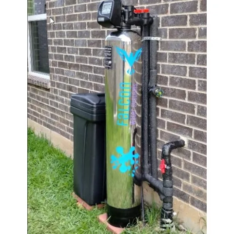 Falcon water systems water softener system featuring a brine tank and control head.
