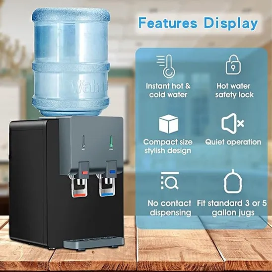 Features of the ACCVI Premium Countertop Water Dispenser like instant hot and cold water and quiet operation.