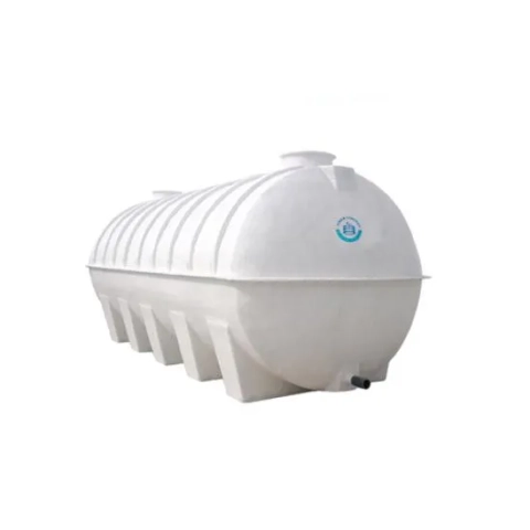 Horizontal white fiberglass water storage tank with molded support legs by Fiber Concept