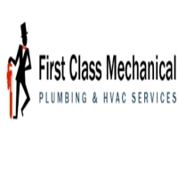 First Class Mechanical logo featuring a tuxedo-clad mascot silhouette leaning on a red pipe wrench next to the stacked text "First Class Mechanical PLUMBING & HVAC SERVICES" on a white background