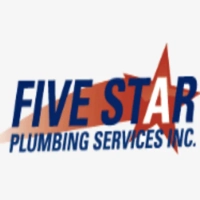 Five Star Plumbing Services Inc. logo featuring an italicized navy blue wordmark with an integrated orange-red star graphic replacing the letter "A" on an off-white background