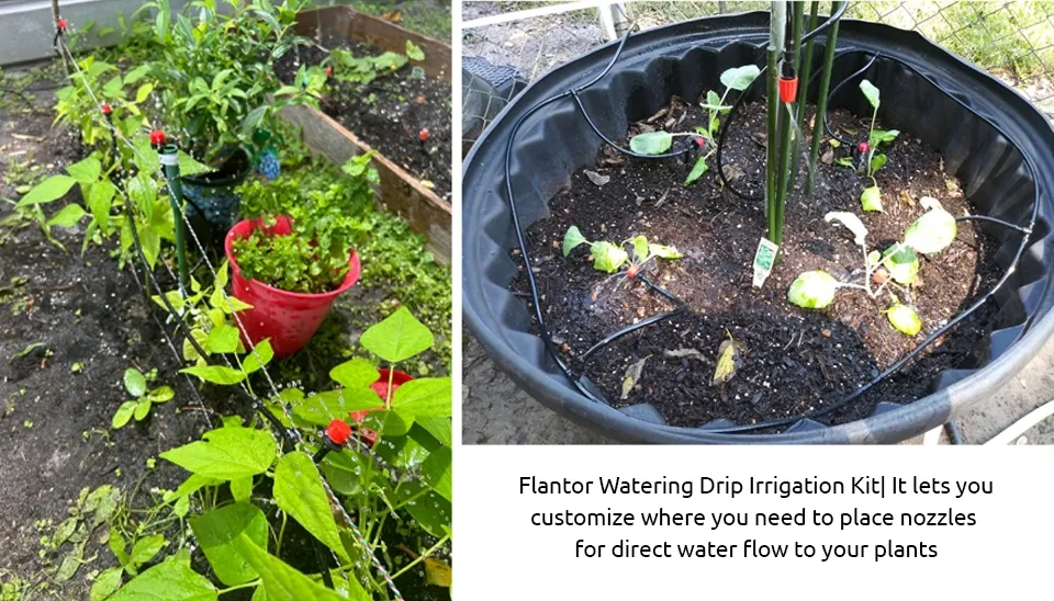 Flantor Watering Drip Irrigation Kit is used for watering plant pots and a garden.