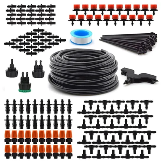 Flantor Garden Drip Irrigation Kit includes tubing, faucet connectors, fittings, and nozzles.