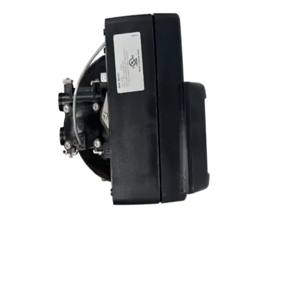 Side view of Fleck 5600SXT digital control valve showing meter cable and valve body.