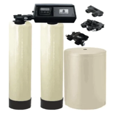 Fleck 9100 SXT dual tank water softener providing 24/7 continuous soft water using alternating tank technology