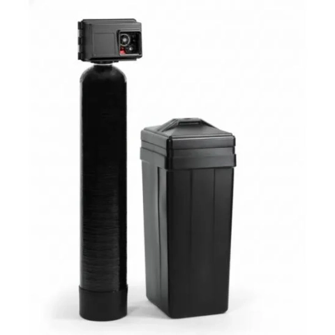 Full view of black Fleck 2510 Meter Water Softener unit with meter head and salt bin.