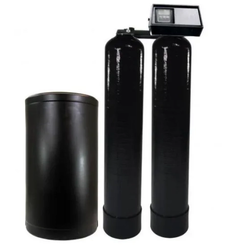 Black Fleck twin-tank water softener for continuous soft water, showing the main tanks and brine tank.