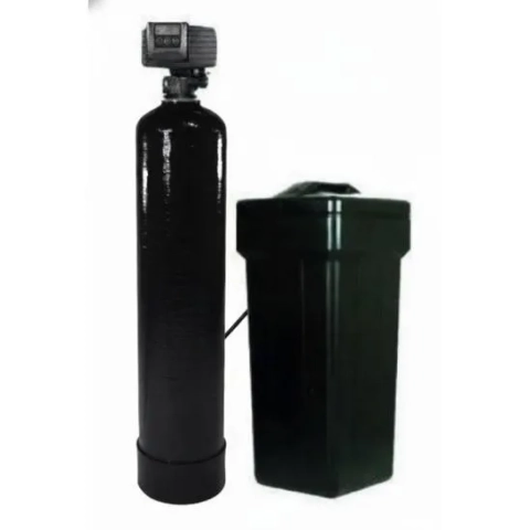 Two-part water softening unit with a tank and brine container, likely using a Fleck control valve.