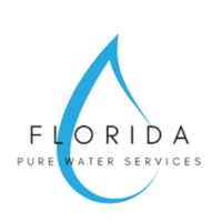 Florida Pure Water Services logo featuring a large blue water droplet icon and clean minimalist typography, representing professional regional water purification