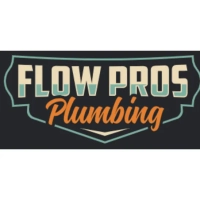 Flow Pros Plumbing vintage shield logo featuring two-tone cream and seafoam block lettering and an orange script wordmark