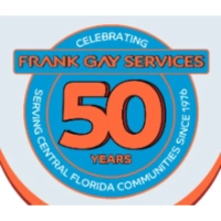 Frank Gay Services 50th-anniversary logo featuring a bold orange "50 Years" emblem and blue circular branding, representing half a century of professional home services