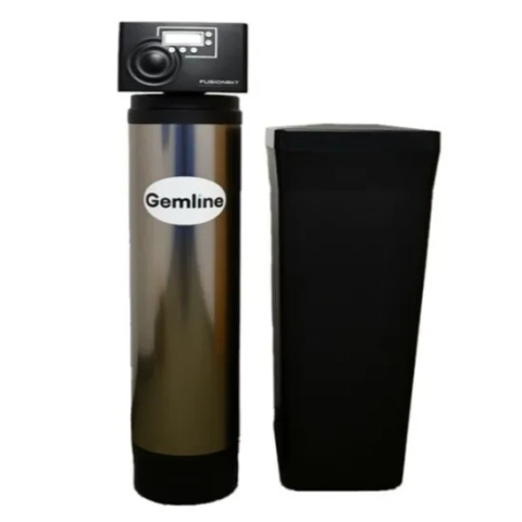 Premium stainless-jacketed Gemline residential water softener system distributed by Schumacher & Seiler, Inc