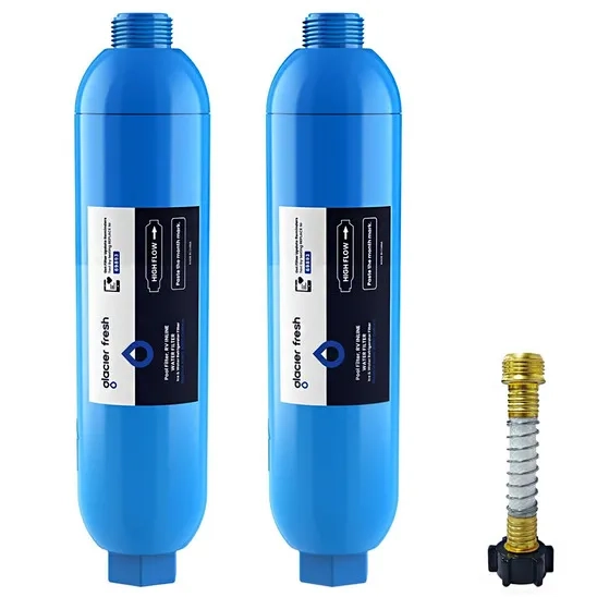 package of two GLACIER FRESH RV and Marine Inline Filtration systems with brass fitting.