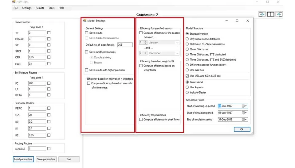 Screenshot of the "Model Settings" tab in HBV-light, showing options for general settings, efficiency calculations, and selecting different model structures.