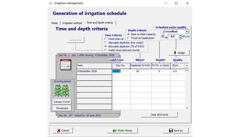 AquaCrop software interface showing the window for generating irrigation schedules. Users can select criteria for triggering irrigation events, such as fixed intervals or soil water content thresholds, and define irrigation depths.