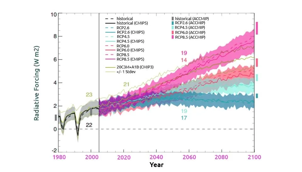 Global radiative forcing across all CMIP5 models for the four RCPs