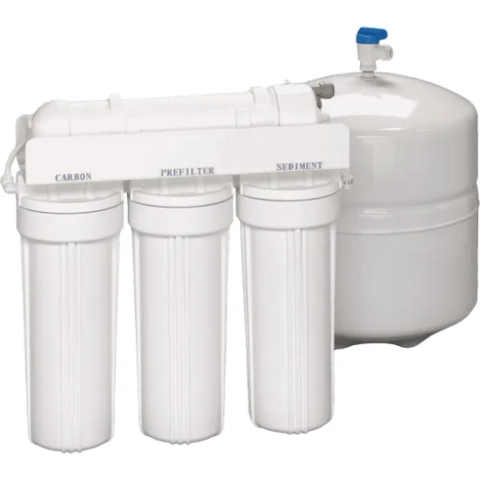 Goldline Reverse Osmosis filtration system featuring Sediment, Prefilter, Carbon, and storage tank.